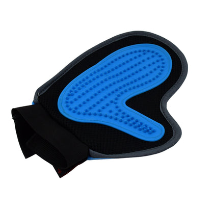 Pet grooming glove deshedding tool mitt for dogs and cats with a textured blue surface.