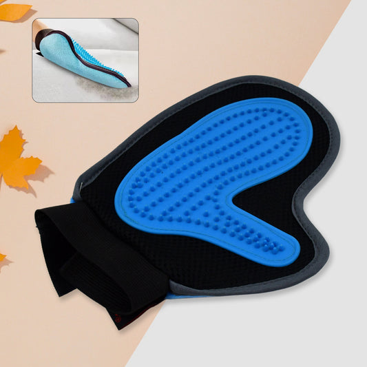 Pet Grooming Glove Deshedding Tool Mitt for Dogs & Cats with blue textured surface and adjustable strap.