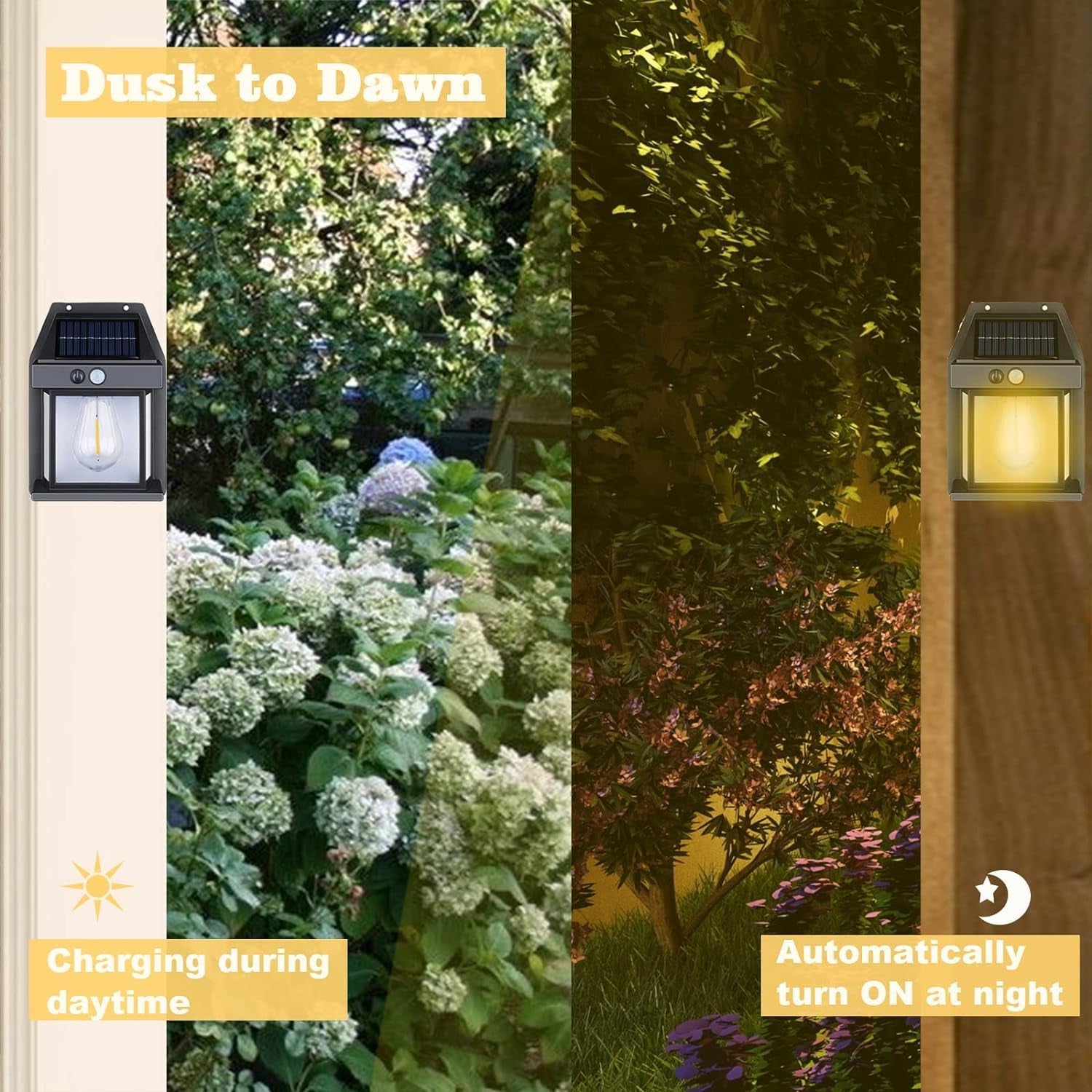 Solar motion sensor wall light glowing at night on outdoor wall