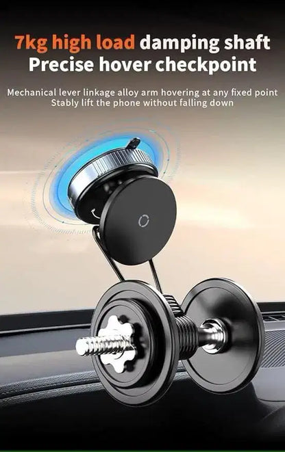 Magnetic suction car phone holder mounted on a car dashboard.