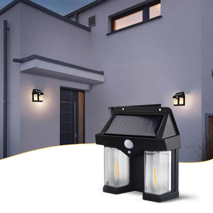 Solar wall light motion sensor detecting movement outdoors