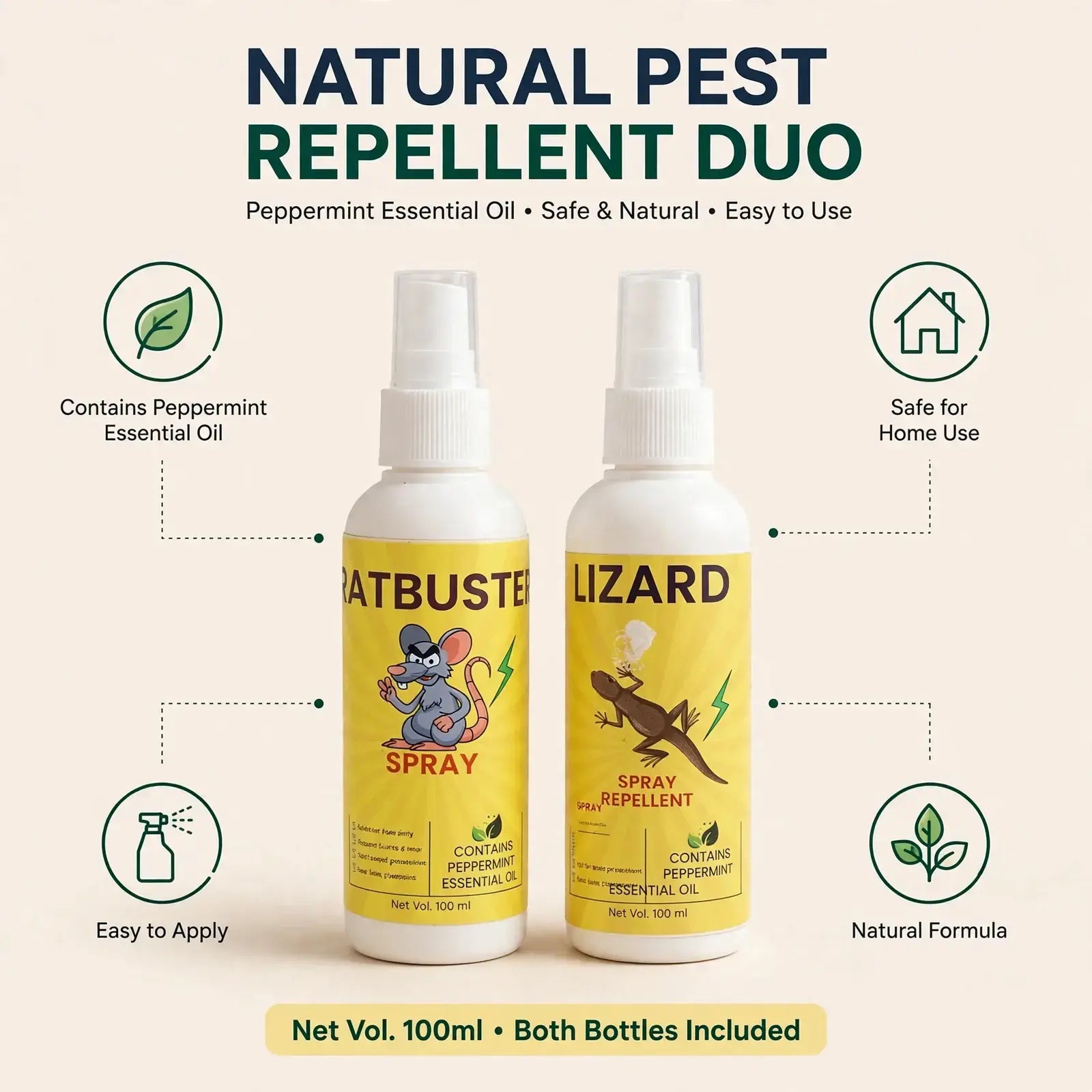 RatBuster and Lizard Repellent spray bottles with text Say Goodbye to pest traps and harsh chemicals – natural herbal formula
